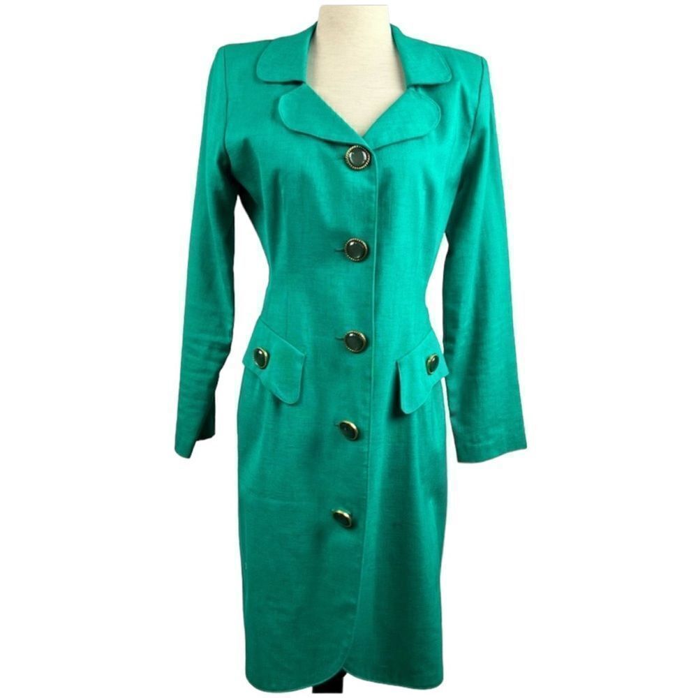 Vintage 80s One Piece Business Suit Pencil Dress Teal Green Rayon/Linen Blend